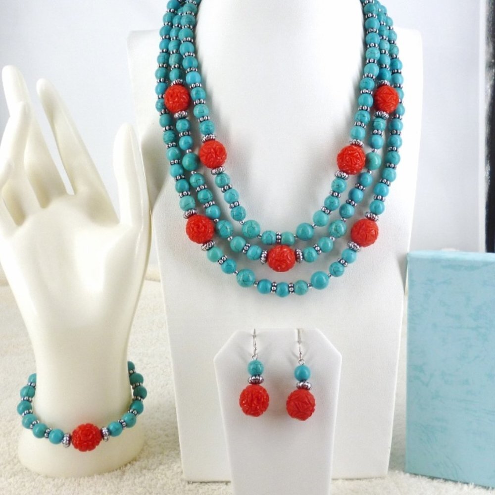 Faux Turquoise Set Necklace, Bracelet, Earrings Carved Red Beads + Box NOS M1149